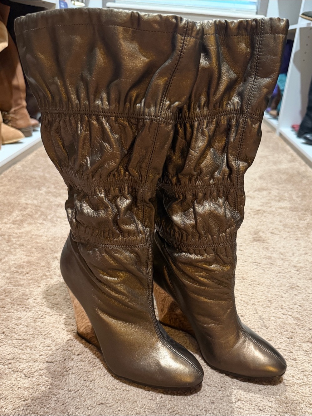 Jessica Simpson Brown Ruched Leather Wedge Boots